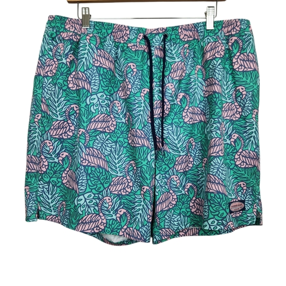 Vineyard Vines Printed Chappy Antigua Flamingo Swim Trunk Green Pink Men Size XL - Picture 2 of 13